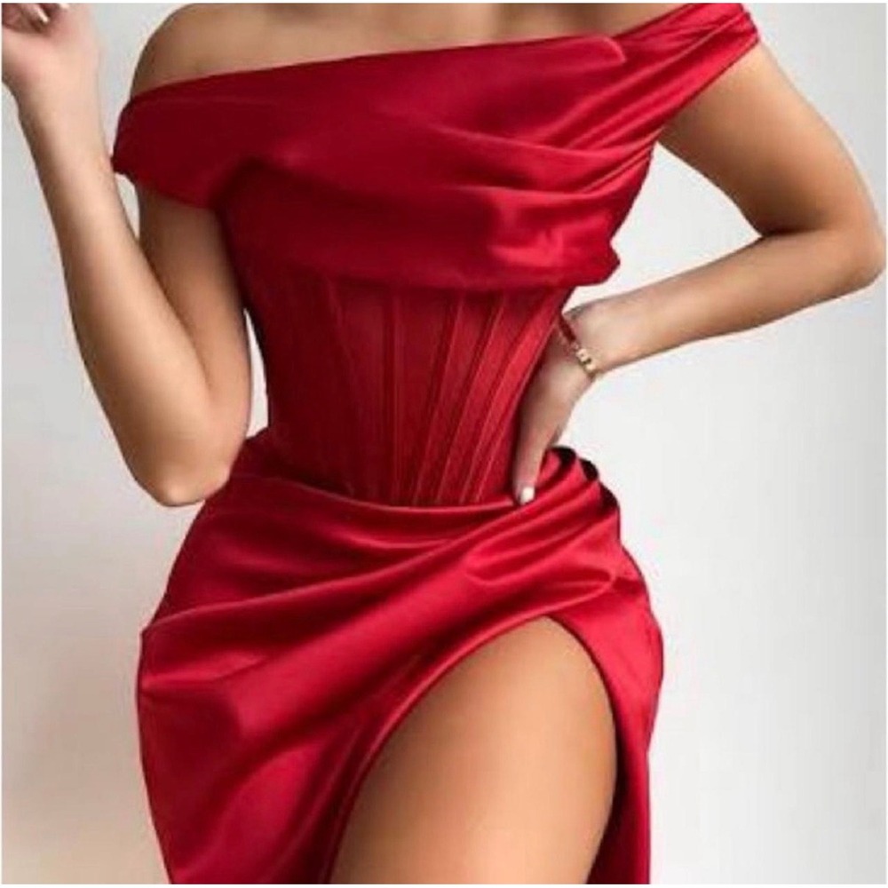 House of CB Dress Lulu‎ Women M Red Corset Asymmetrical Draped Midi Cocktail